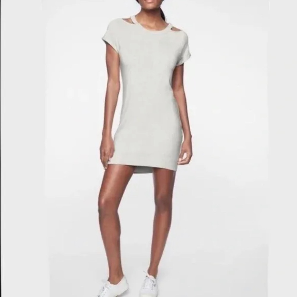 Athleta‎ Dress Womens Shala Small Oatmeal Neutral Stretch Cut Out Cold Shoulder